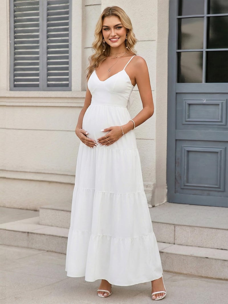 HTZMO Maternity Floral Summer Maxi Dress Bow Tie V Neck Baby Shower Photoshoot Casual Boho Long Sundress for Women White M - Image 4