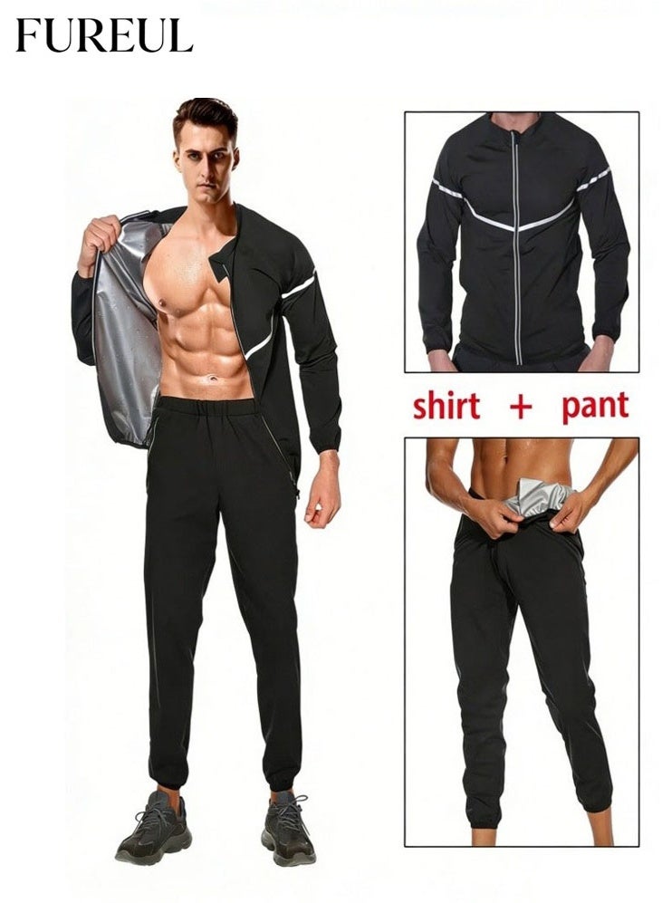 فوريول طقم بدلة ساونا للرجال، بأكمام طويلة وبنطال، لحرق المزيد من السعرات الحرارية والتعرق بشكل أكبر، زي رياضي مُعزز للتعرق لإنقاص الوزن - Image 1