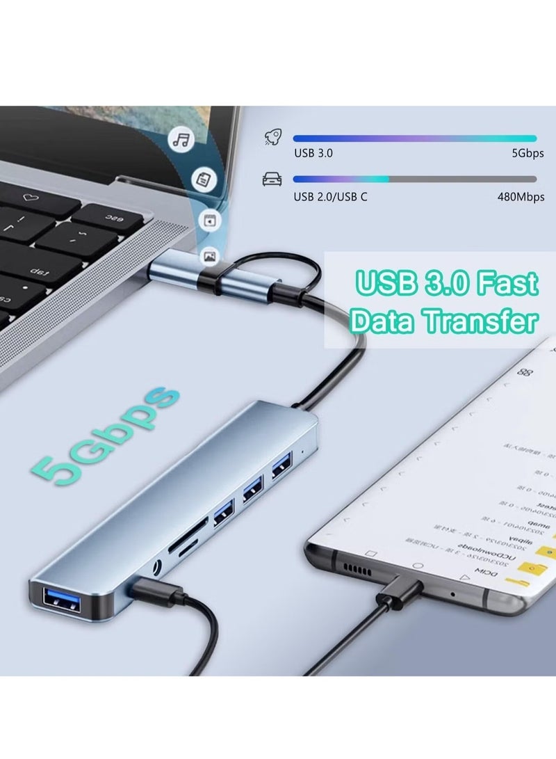 ELTRAZONE محور USB C 8 في 1 موزع USB، محور USB من الألمنيوم مع منافذ USB 3.0، USB 2.0، USB-C، قارئ بطاقات SD/TF، 3.5 مم AUX، متوافق مع MacBook Pro/Air، الكمبيوتر الشخصي، اللابتوب، أجهزة التابلت - رمادي فضائي - Image 2