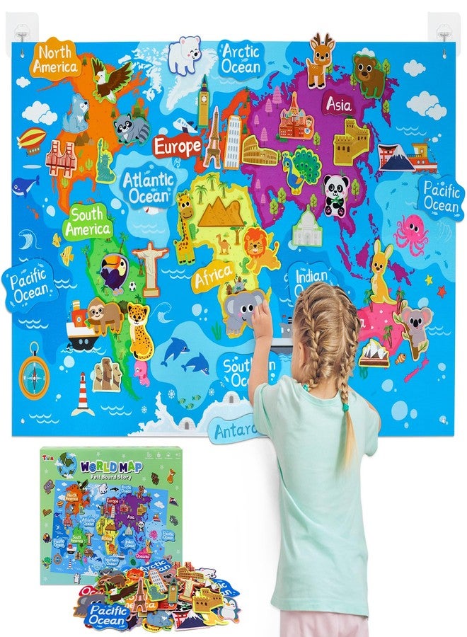 Taika World Felt Set, Felt World Map with World Famous Sights, Educational Play Mat Flannel Board Set, 43x28 inch Preschool Learning Flannel Board for 4+ - Image 1