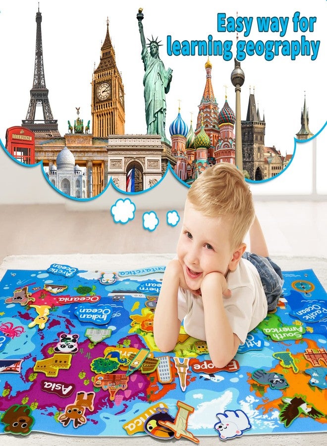 Taika World Felt Set, Felt World Map with World Famous Sights, Educational Play Mat Flannel Board Set, 43x28 inch Preschool Learning Flannel Board for 4+ - Image 3