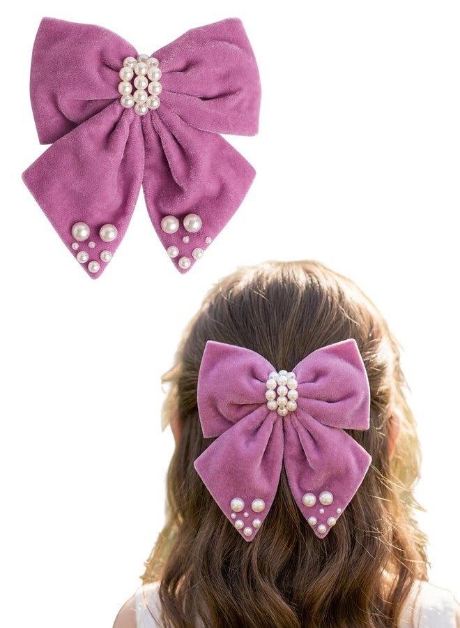 Ribbon Candy Velvet Party Bow on Alligator Clip Embellished with Pearls Light Purple (1 Single Bow) - Image 1