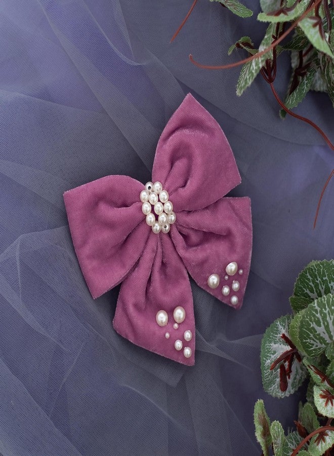 Ribbon Candy Velvet Party Bow on Alligator Clip Embellished with Pearls Light Purple (1 Single Bow) - Image 4