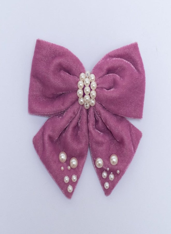 Ribbon Candy Velvet Party Bow on Alligator Clip Embellished with Pearls Light Purple (1 Single Bow) - Image 2