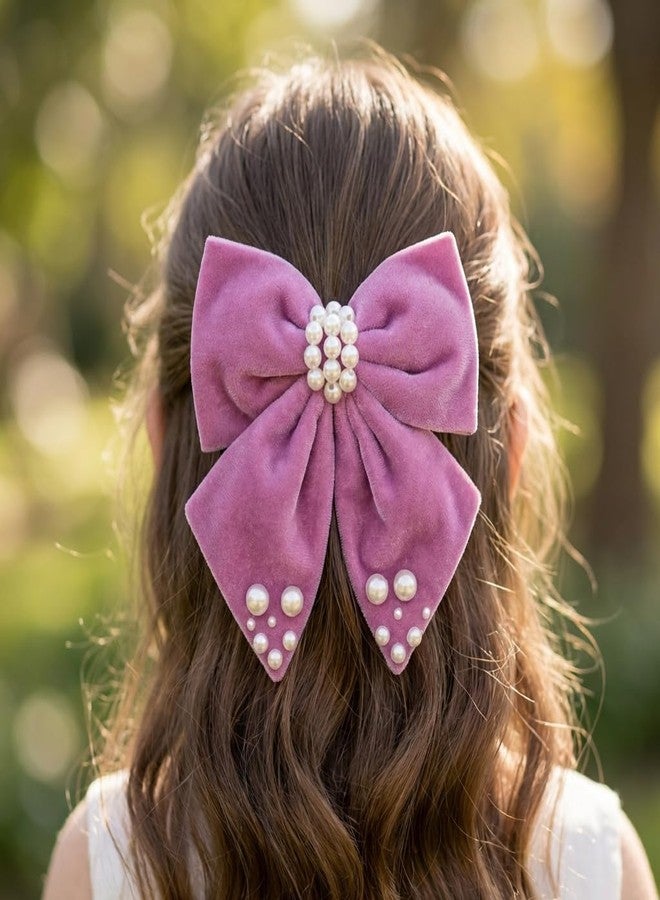 Ribbon Candy Velvet Party Bow on Alligator Clip Embellished with Pearls Light Purple (1 Single Bow) - Image 3