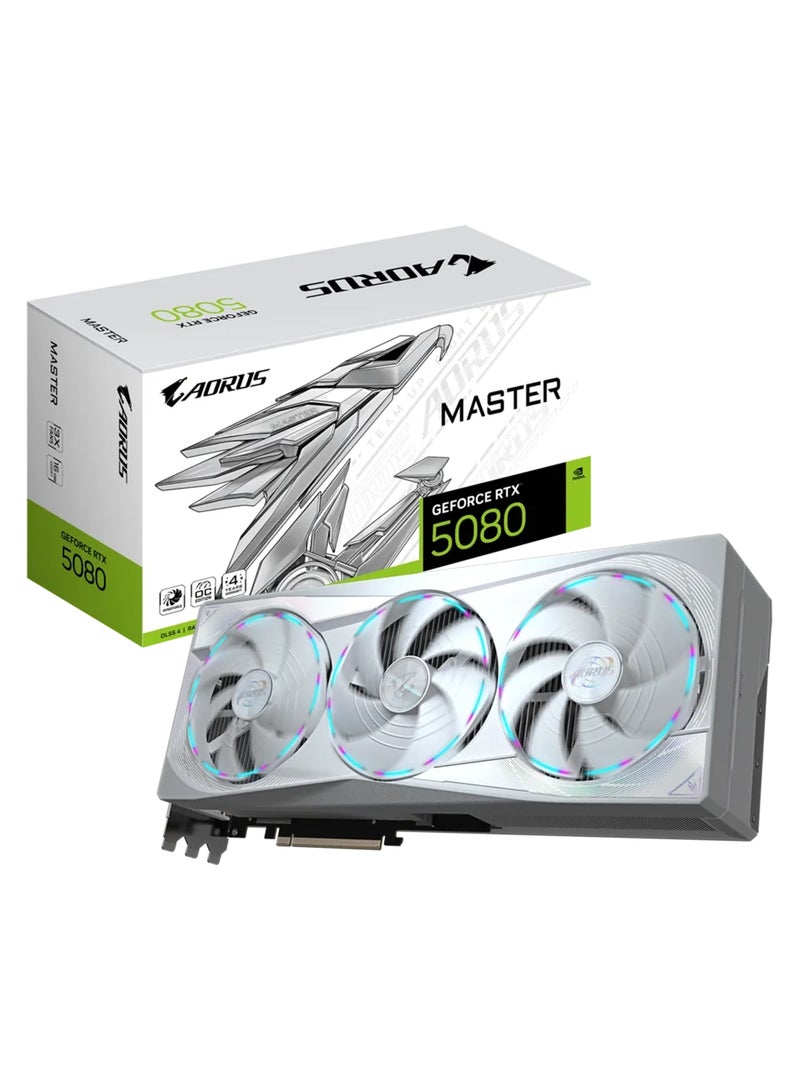 GIGABYTE AORUS GeForce RTX 5080 MASTER ICE 16GB GDDR7 Graphics Card, PCIe 5.0 x16, DLSS 4, WINDFORCE Triple-Fan Cooling, 3x DisplayPort 2.1b + HDMI 2.1b, Real-Time Ray Tracing, Dual BIOS, RGB Lighting, LCD Edge Display, Gaming & Creator GPU | GV-N5080AORUSM ICE-16GD White - Image 1