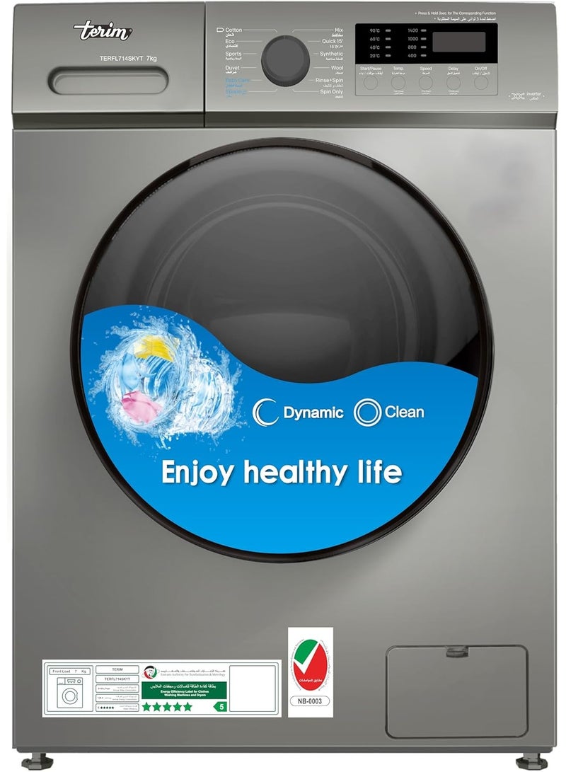 Terim 7kg Front Load Fully Automatic Washing Machine TERFL714SKYT,  1400 RPM, Inverter Motor, Quick Wash, LED Display, 5-Star ESMA Rating, Silver - Image 2