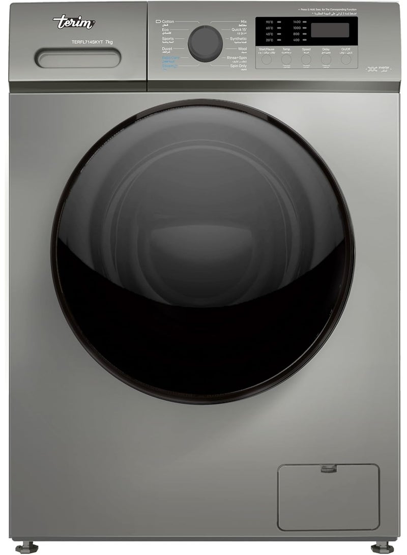 Terim 7kg Front Load Fully Automatic Washing Machine TERFL714SKYT,  1400 RPM, Inverter Motor, Quick Wash, LED Display, 5-Star ESMA Rating, Silver - Image 1