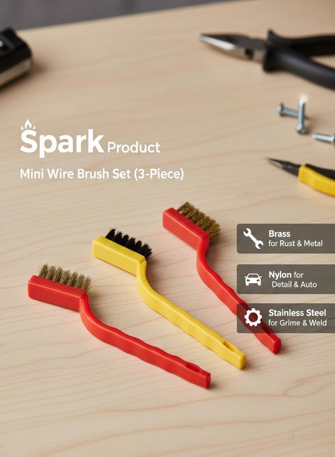 سبارك مجموعة فرشاة سبارك ميني سلكية، 3 قطع - فرش تنظيف تفصيلية من النايلون والنحاس والفولاذ المقاوم للصدأ لإزالة الصدأ، وتحضير الطلاء، والمعادن، والشواية، والاستخدام في السيارات - Image 2