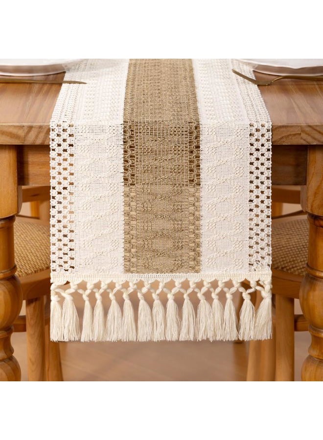 DeZerlor Boho Macrame Table Runner Fall Farmhouse Woven Table Runner with Tassels 60 Inches Ivory& Burlap Brown Cotton Linen Kitchen Table Centerpiece for Dining Dresser Home Tea Table Decor - Image 1