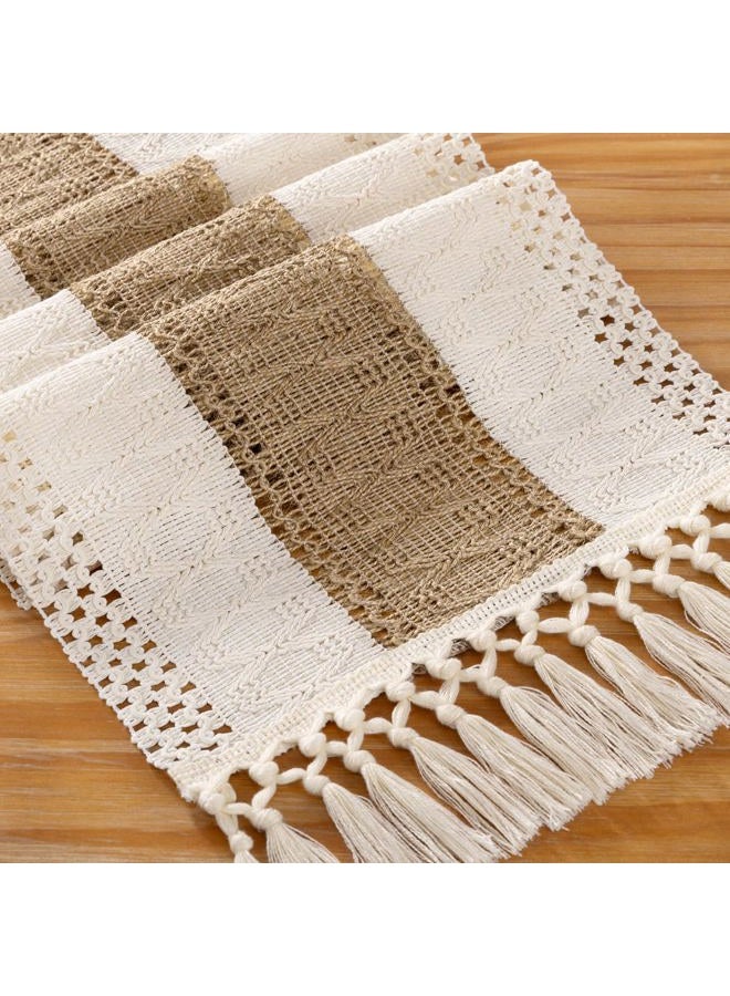 DeZerlor Boho Macrame Table Runner Fall Farmhouse Woven Table Runner with Tassels 60 Inches Ivory& Burlap Brown Cotton Linen Kitchen Table Centerpiece for Dining Dresser Home Tea Table Decor - Image 2