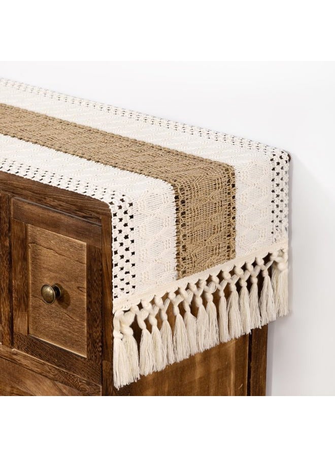 DeZerlor Boho Macrame Table Runner Fall Farmhouse Woven Table Runner with Tassels 60 Inches Ivory& Burlap Brown Cotton Linen Kitchen Table Centerpiece for Dining Dresser Home Tea Table Decor - Image 5