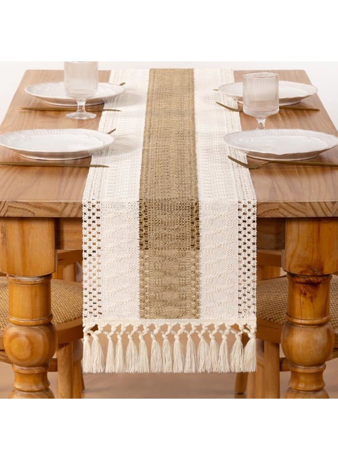 DeZerlor Boho Macrame Table Runner Fall Farmhouse Woven Table Runner with Tassels 60 Inches Ivory& Burlap Brown Cotton Linen Kitchen Table Centerpiece for Dining Dresser Home Tea Table Decor - Image 3