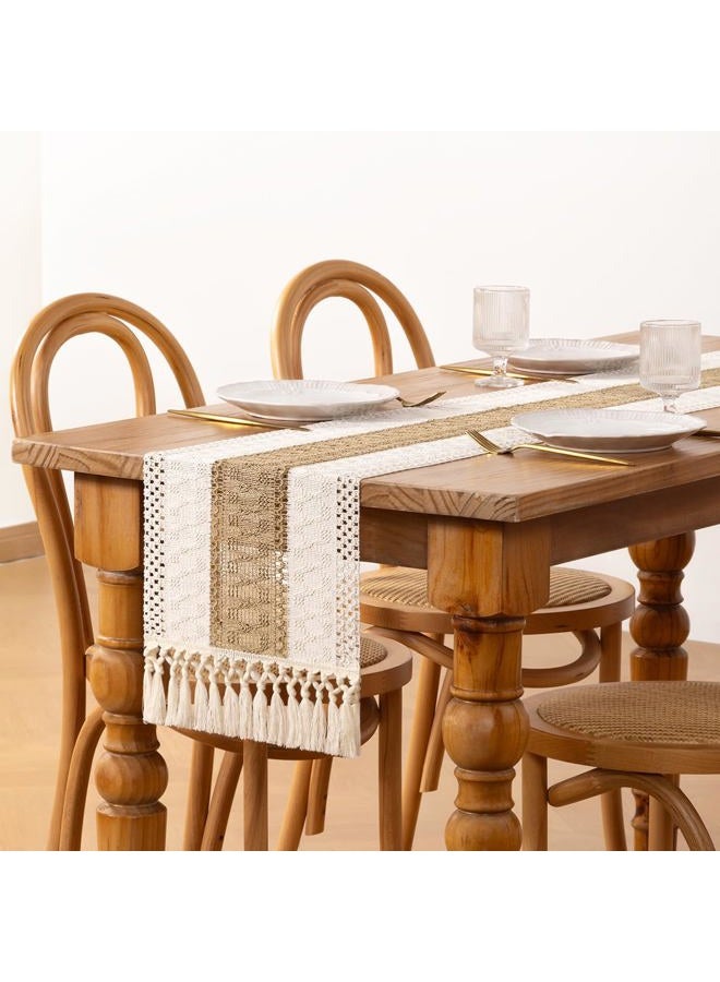 DeZerlor Boho Macrame Table Runner Fall Farmhouse Woven Table Runner with Tassels 60 Inches Ivory& Burlap Brown Cotton Linen Kitchen Table Centerpiece for Dining Dresser Home Tea Table Decor - Image 4