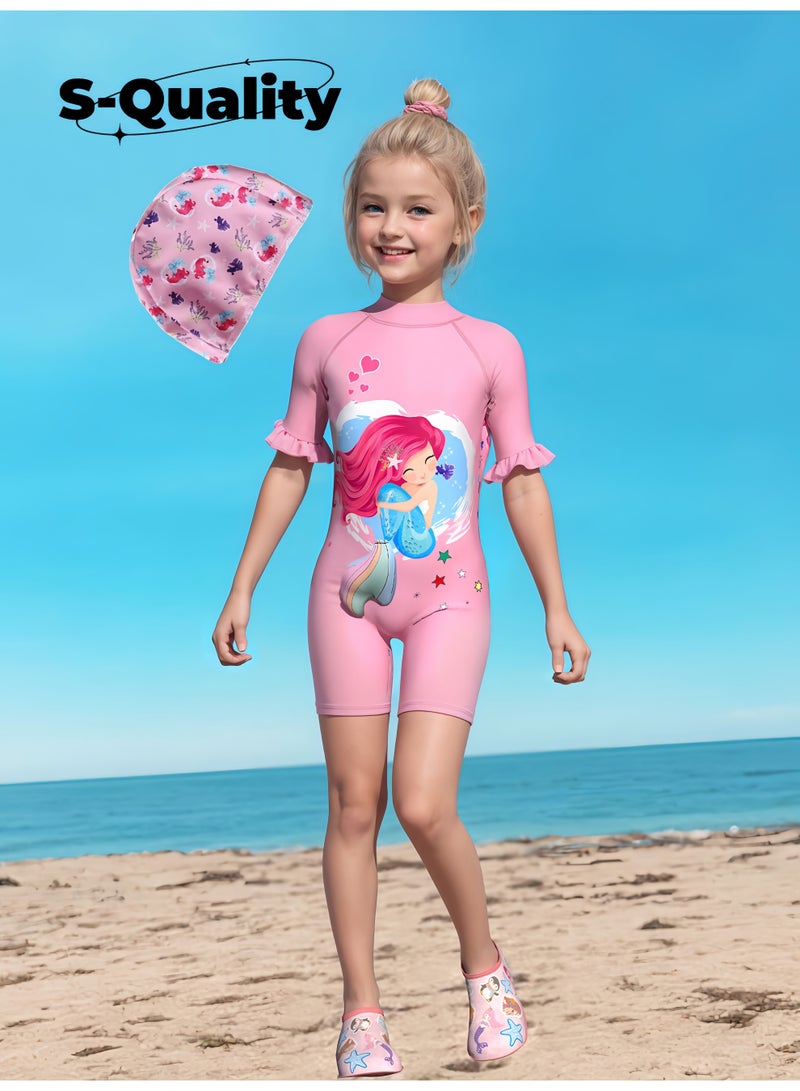 S-Quality Girls’ One-Piece Swimsuit with Swim Cap – Long Sleeve UV Protection, Pink Mermaid Print - Image 1