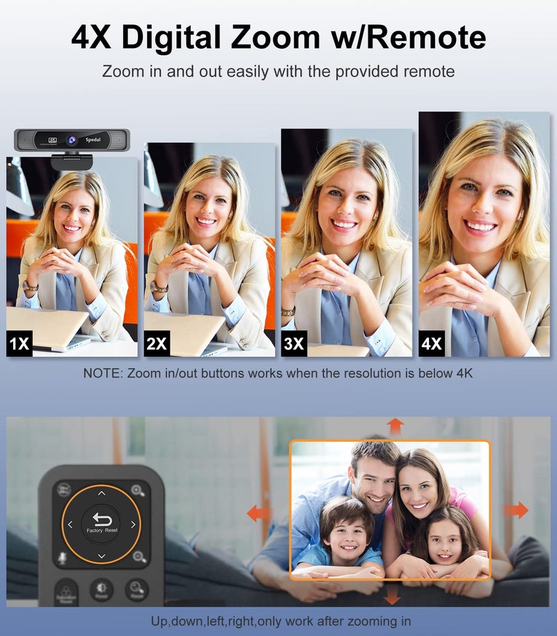 Spedal 4K UHD Webcam with Built-in AI Noise Reduction Dual Microphones,120° Wide Angle Zoomable Webcam with Remote and Software Control for Conferencing/Streaming/Online Teaching/Video Calling - Image 4