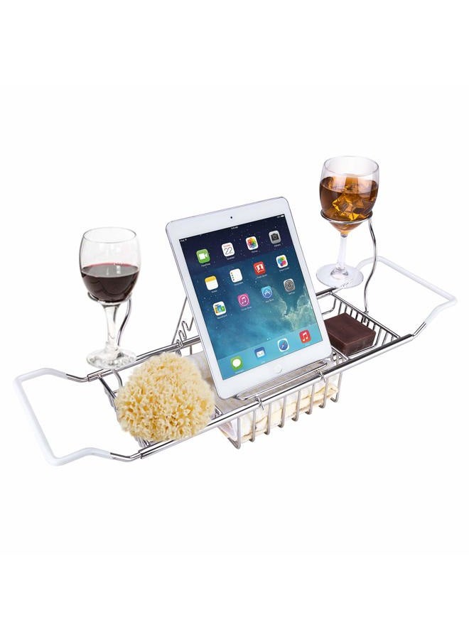 iPEGTOP Stainless Steel Bathtub Caddy Tray - Over Bath Tub Racks Shower Organizer with Extending Sides, Removable Wine Glass Book Holder - Image 1