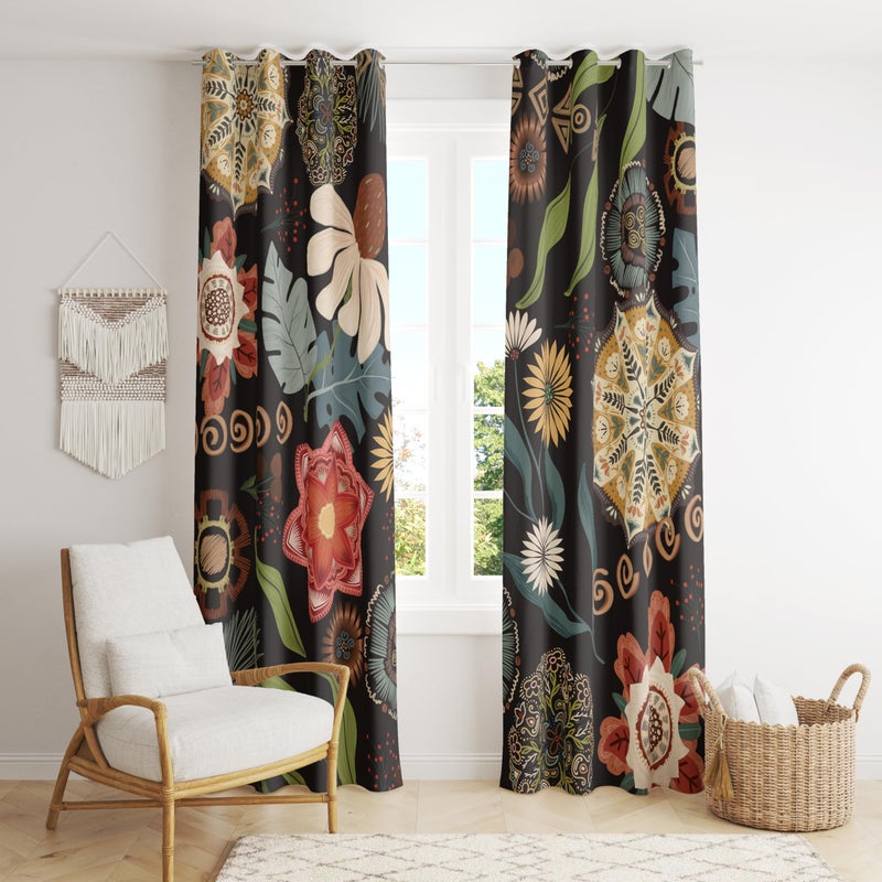BCLBUSTE Black Red Boho Floral 95% Blackout Curtains 84 inch Long 2 Panels for Bedroom Living Room, Vintage Farmhouse Room Darkening Curtains Abstract Botanical Print Patterned Black Out Grommet Drapes,52Wx84L - Image 1