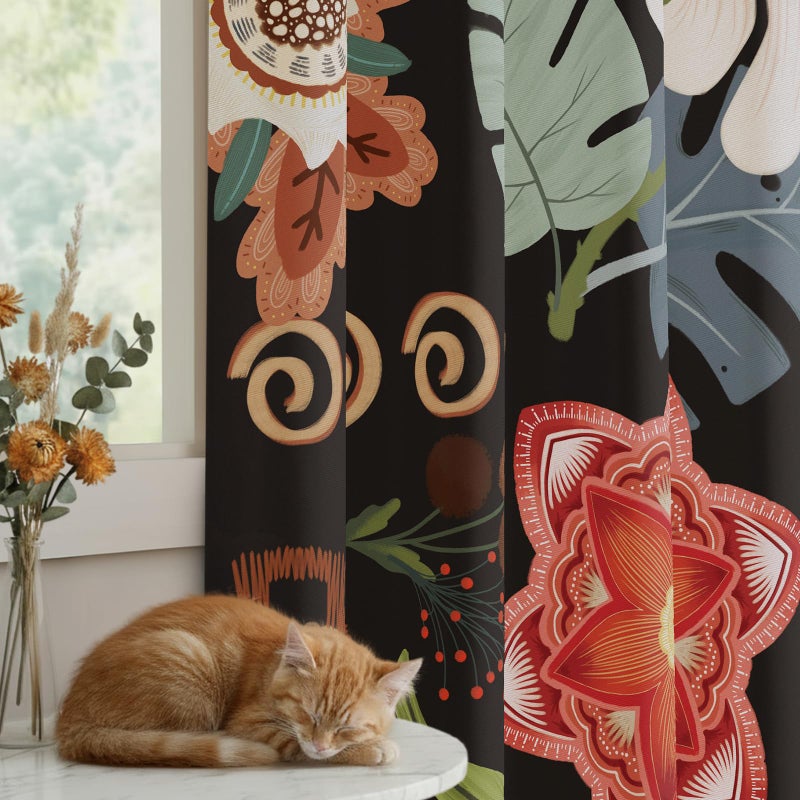 BCLBUSTE Black Red Boho Floral 95% Blackout Curtains 84 inch Long 2 Panels for Bedroom Living Room, Vintage Farmhouse Room Darkening Curtains Abstract Botanical Print Patterned Black Out Grommet Drapes,52Wx84L - Image 2