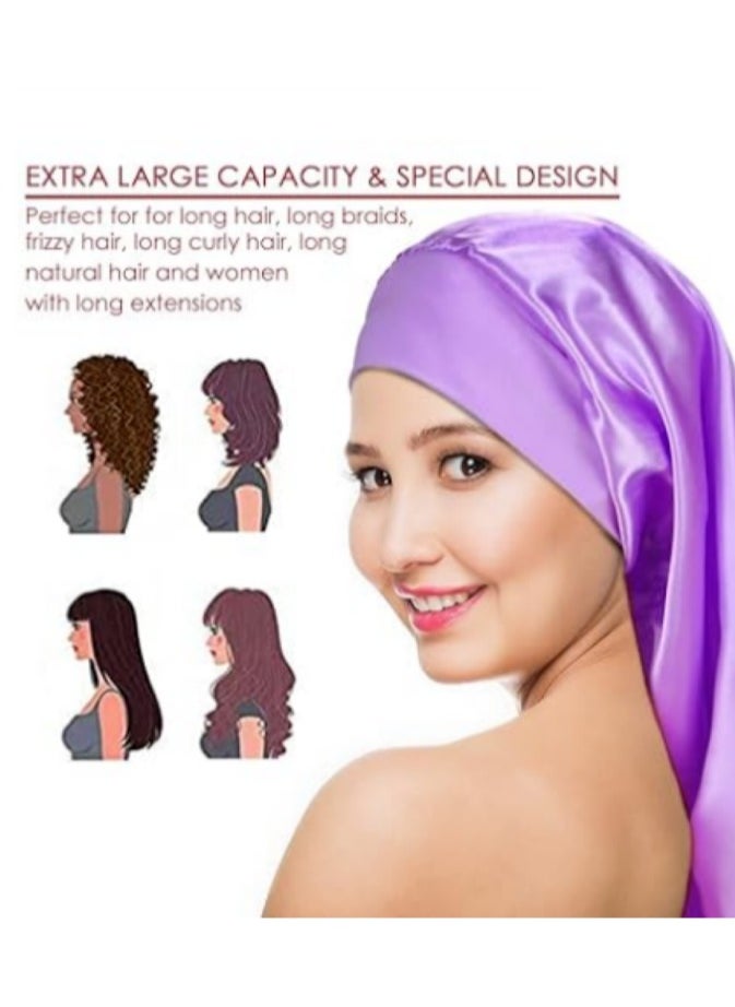 JoyousSto Satin Bonnet Sleep Cap Silk for Natural Hair Long Extra Large Bonnets Women Night Wide Elastic Band Very Soft Comfortable light purple  - Image 3