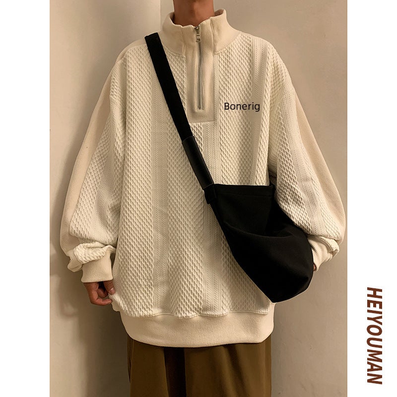 Spring Autumn Stand Collar Sweatshirt Men Loose Fit Casual White High Street Gray  - Image 5