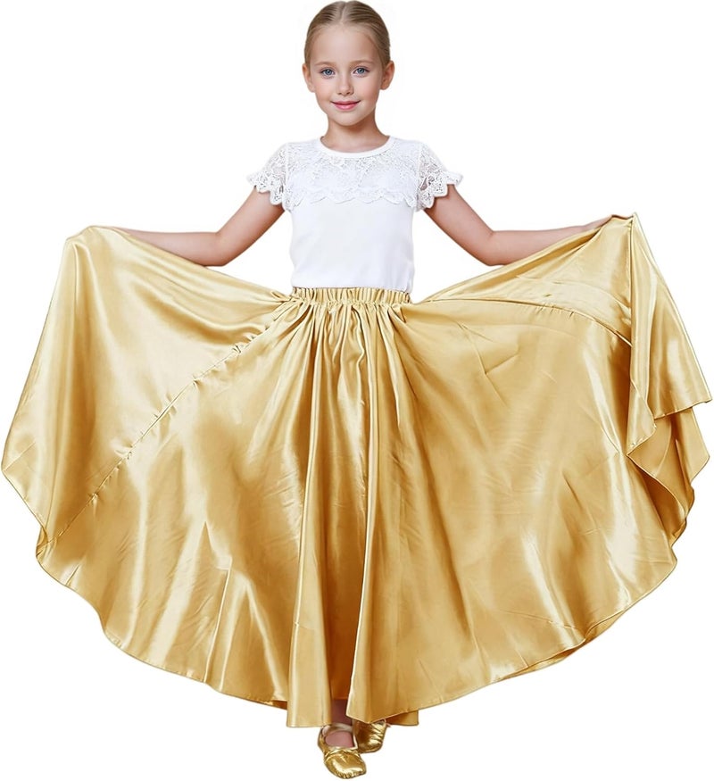 Girls Belly Latin Dance Skirt - Elastic Waist Ankle Length Full Flowy Circle Dancewear for Dance Practice Training