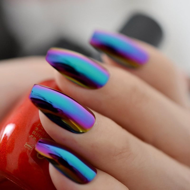 EchiQ Super Holographic Blue Purple Coffin Nails Mirror Chrome Square Ladies Fake Nails Quality Tips for fingers Z905 - Image 5