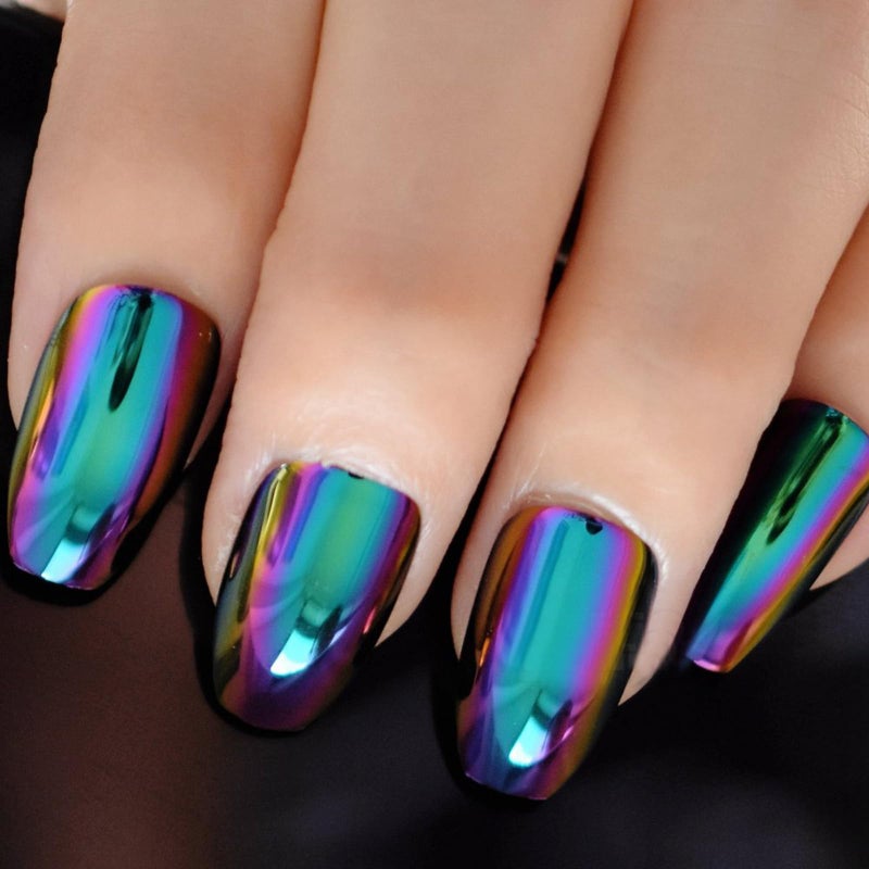 EchiQ Super Holographic Blue Purple Coffin Nails Mirror Chrome Square Ladies Fake Nails Quality Tips for fingers Z905 - Image 4