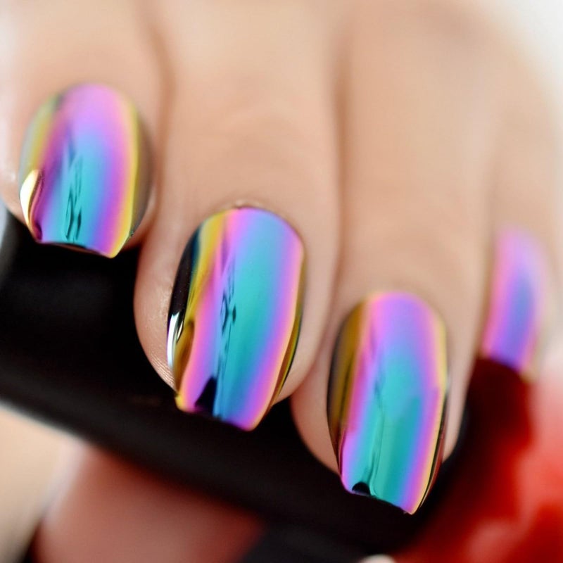 EchiQ Super Holographic Blue Purple Coffin Nails Mirror Chrome Square Ladies Fake Nails Quality Tips for fingers Z905 - Image 1