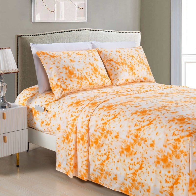 Elegant Comfort Elegant Comfort Aria Tie-Dye 4-Piece Sheet Set  1500 Premium Hotel Quality Microfiber  Spiral Tie-Dye  Soft  Fade and Wrinkle Resistant  Fitted Sheet with Smart Pockets  4PC Tie-Dye Twin XL  Orange  - Image 1