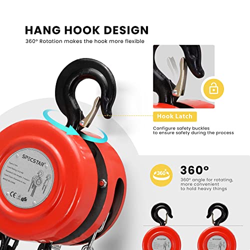 SPECSTAR Hand Chain Hoist 1 Ton 2200 Lbs Capacity 10 Feet with 2 Heavy Duty Hooks, Manual Chain Fall for Warehouse Building Automotive Machinery Red - Image 2
