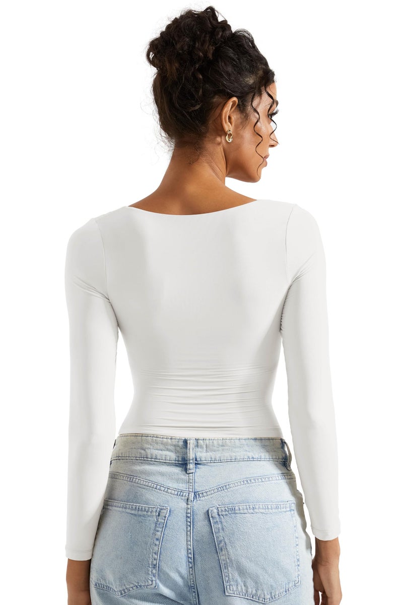 SUUKSESS Women Square Neck Long Sleeve Tops Double Lined Going Out Basic Full Length T Shirts 2025 (Snow White,M) - Image 3