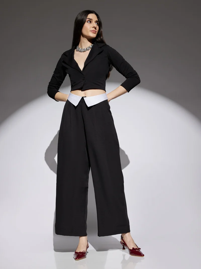 Women Black Solid Mid Rise Stretchable Wide Leg Korean Trousers