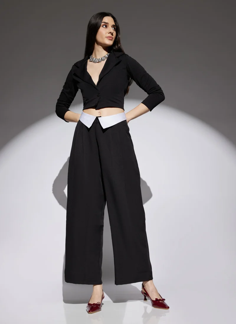 globus Globus Women Black Solid Mid Rise Stretchable Wide Leg Korean Trousers