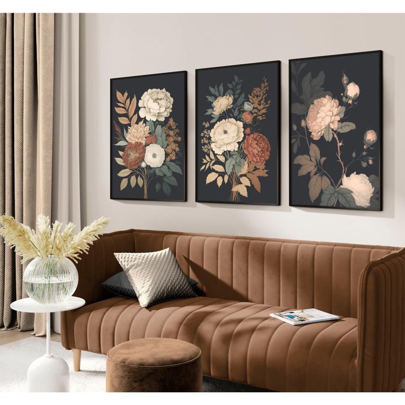 Pennclys Vintage Flower Wall Art Dark Floral Canvas Wall Art Botanical Farmhouse Wall Art Prints Black Flower Pictures Wall Decor Moody Floral Artwork Painting For Living Room Bedroom 12X16X3 Inch Unframed - Image 4