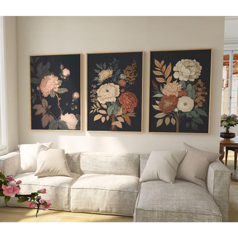Pennclys Vintage Flower Wall Art Dark Floral Canvas Wall Art Botanical Farmhouse Wall Art Prints Black Flower Pictures Wall Decor Moody Floral Artwork Painting For Living Room Bedroom 12X16X3 Inch Unframed - Image 1