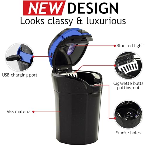 TAKAVU Car Ashtray (1-Pack), Easy Clean Up Detachable Stainless Car Ashtray with Lid Blue LED light and Removable Lighter for Most Vehicle Cup Holder (Blue) - Image 2