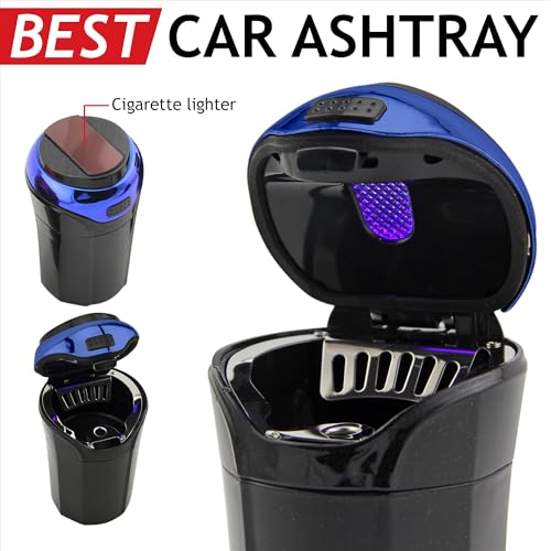 TAKAVU Car Ashtray (1-Pack), Easy Clean Up Detachable Stainless Car Ashtray with Lid Blue LED light and Removable Lighter for Most Vehicle Cup Holder (Blue) - Image 3