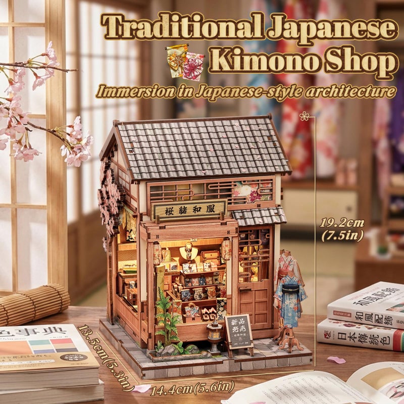Cutefun Book Nook Kit - DIY Miniature Dollhouse Kit for Adults, Teens and Beginners, Japanese Sakura Tiny House Bookshelf Decor 3D Wooden Puzzles, Gifts for Friends & Family (Sakura Kimono Shop) - Image 2