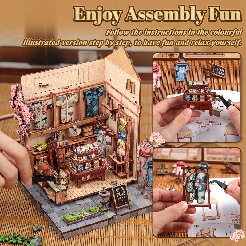 Cutefun Book Nook Kit - DIY Miniature Dollhouse Kit for Adults, Teens and Beginners, Japanese Sakura Tiny House Bookshelf Decor 3D Wooden Puzzles, Gifts for Friends & Family (Sakura Kimono Shop) - Image 5