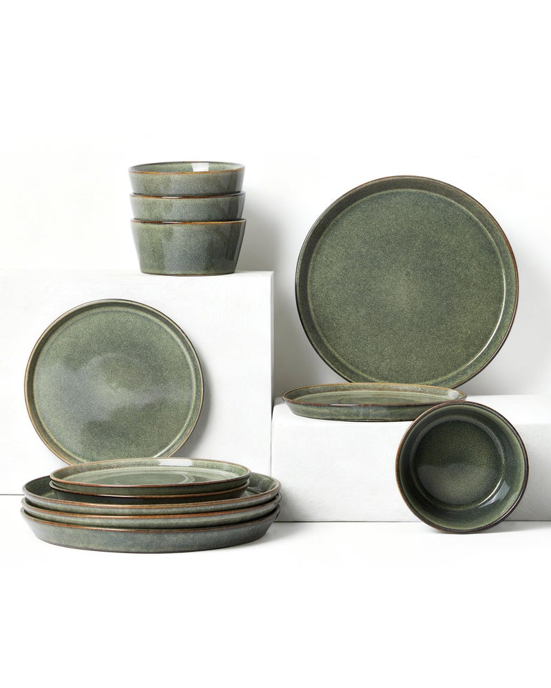 Pokini Dinnerware Sets, Microwave Safe Plates and Bowls Sets, Dishes Set for 4, Chip & Scratch Resistant Dinner Set, Reactive Glazed Farmhouse Dishware Sets, Green Wheat - Image 1