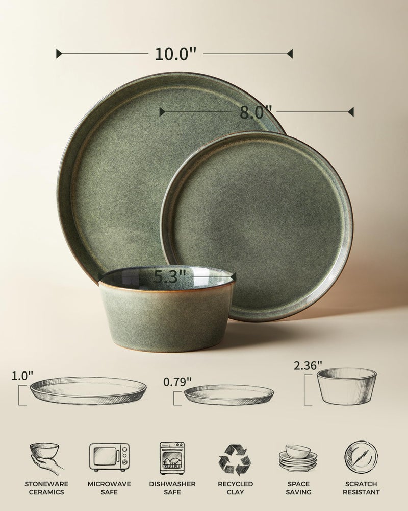 Pokini Dinnerware Sets, Microwave Safe Plates and Bowls Sets, Dishes Set for 4, Chip & Scratch Resistant Dinner Set, Reactive Glazed Farmhouse Dishware Sets, Green Wheat - Image 2
