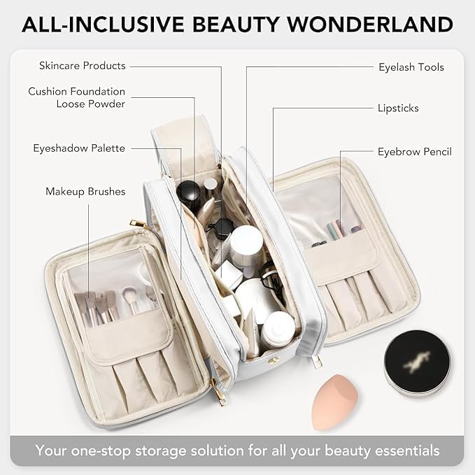 PEIPUS Portable Cosmetic Organiser Bag Large Capacity Travel Makeup Storage Case DoubleLayer with Zipper Closure Beige - Image 4