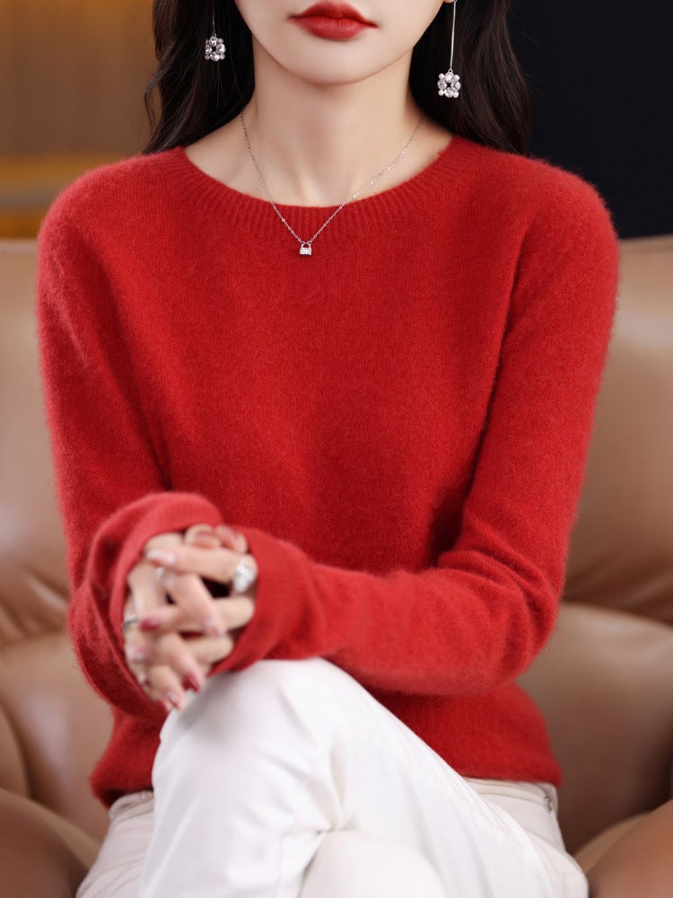 Woolen sweater womens solid color round neck 23 new long sleeve seamless knitted first-line garment wool sweater undershirt Cherry Red