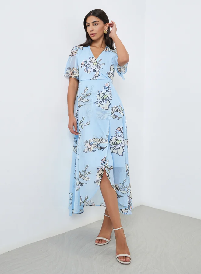 Styli Styli Light Blue Floral Wrap Maxi Dress