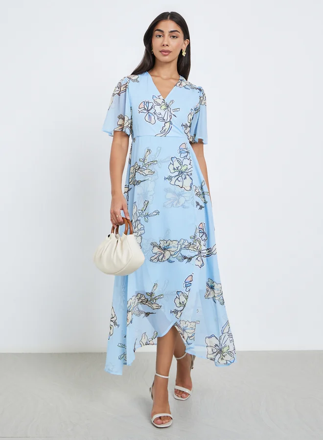 Styli Styli Light Blue Floral Wrap Maxi Dress