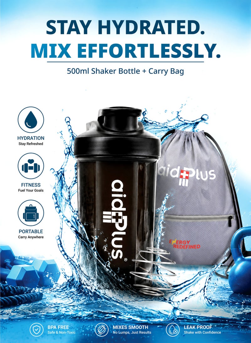 Aid Plus Sport Shaker Bottle 500ml with Bag | BPA-Free Protein Blender Bottle | Leak-Proof Gym Bottle with Click Closure & Blender Ball - Image 2