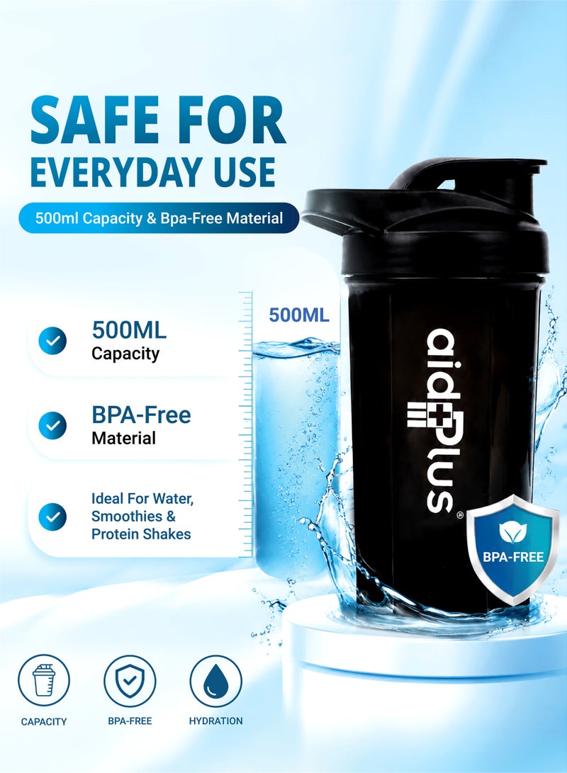 Aid Plus Sport Shaker Bottle 500ml with Bag | BPA-Free Protein Blender Bottle | Leak-Proof Gym Bottle with Click Closure & Blender Ball - Image 4