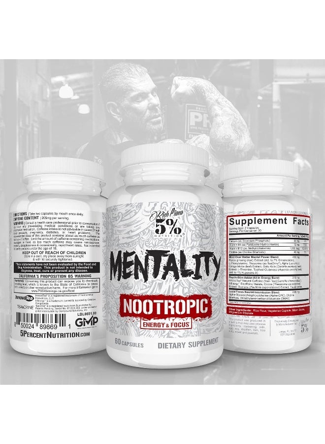 5% Nutrition Rich Piana 5% Nutrition Mentality Nootropic Blend | Brain Booster Supplement for Performance, Memory, Mental Clarity | Ginseng, Ginkgo, L-Theanine, Choline, Huperzine, 60 Capsules (30 Day Supply) - Image 3