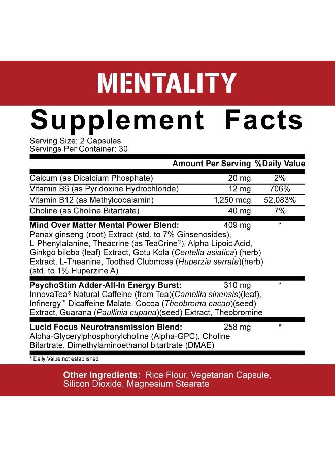 5% Nutrition Rich Piana 5% Nutrition Mentality Nootropic Blend | Brain Booster Supplement for Performance, Memory, Mental Clarity | Ginseng, Ginkgo, L-Theanine, Choline, Huperzine, 60 Capsules (30 Day Supply) - Image 2